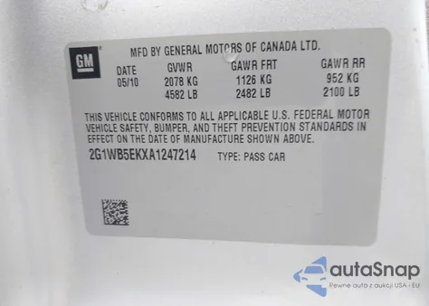 2010 Chevrolet Impala Lt z USA, uszkodzony, nr VIN 2G1WB5EKXA1247214